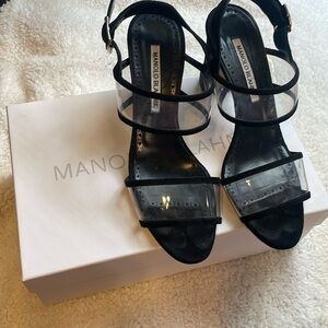 Manolo Blahnik Khan black suede and clear pvc sandals